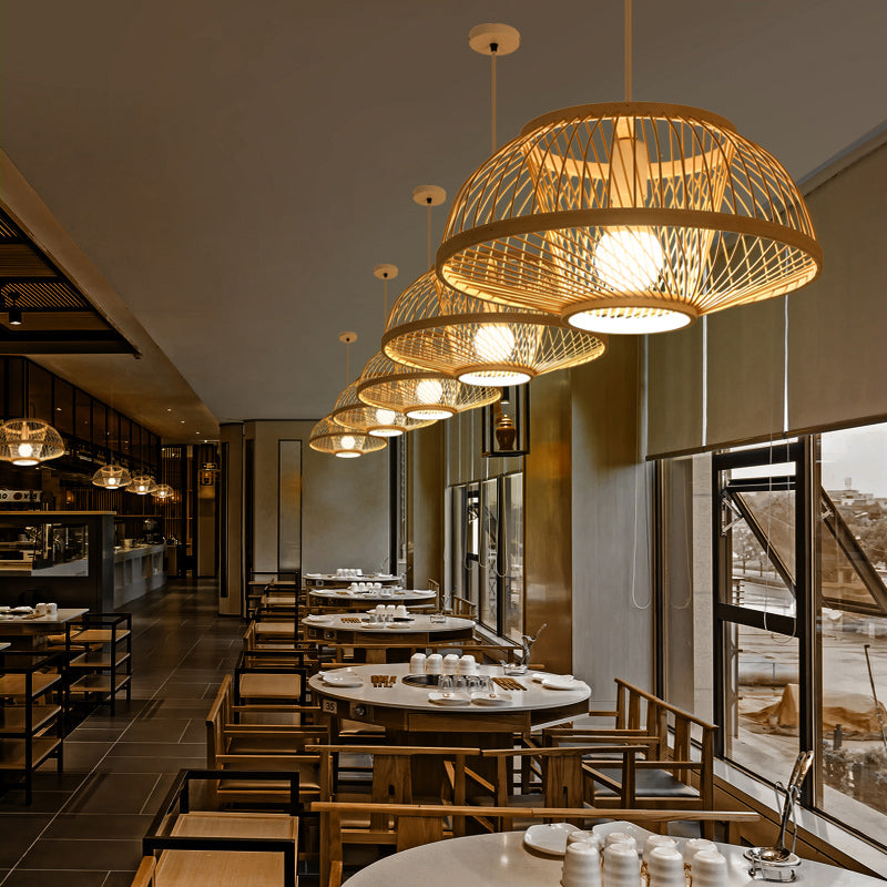 Woven Suspension Lighting Minimalist Bamboo 1 Bulb Wood Hanging Lamp for Restaurant