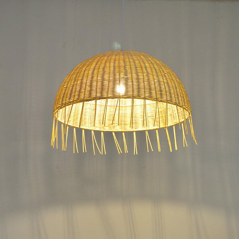 Minimalist Dome Suspension Lighting Rattan 1 Head Restaurant Pendant Ceiling Light in Wood