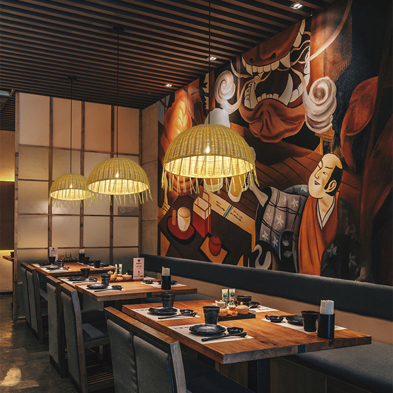 Minimalist Dome Suspension Lighting Rattan 1 Head Restaurant Pendant Ceiling Light in Wood