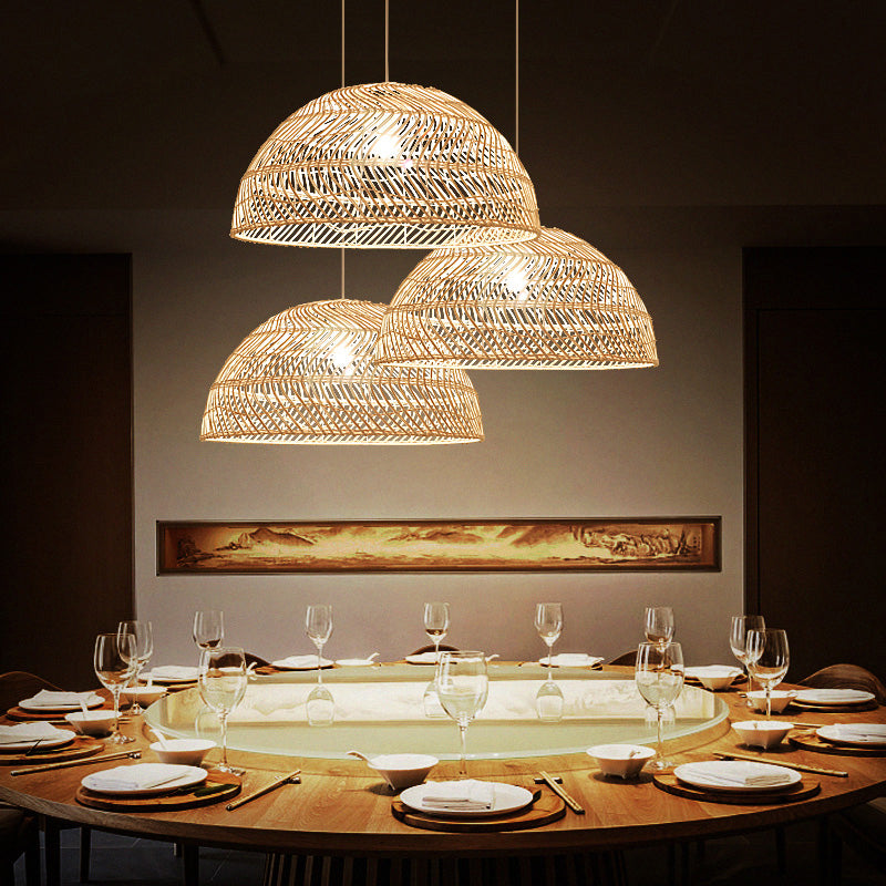 Rattan Dome Shaded Suspension Lighting Simplicity 1-Light Wood Pendant Light Fixture