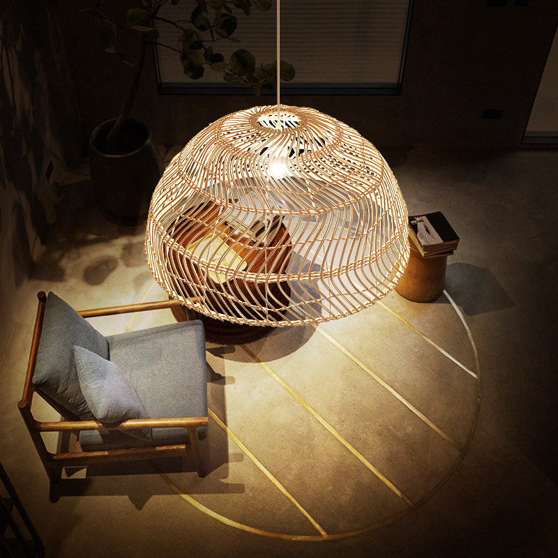 Rattan Dome Shaded Suspension Lighting Simplicity 1-Light Wood Pendant Light Fixture