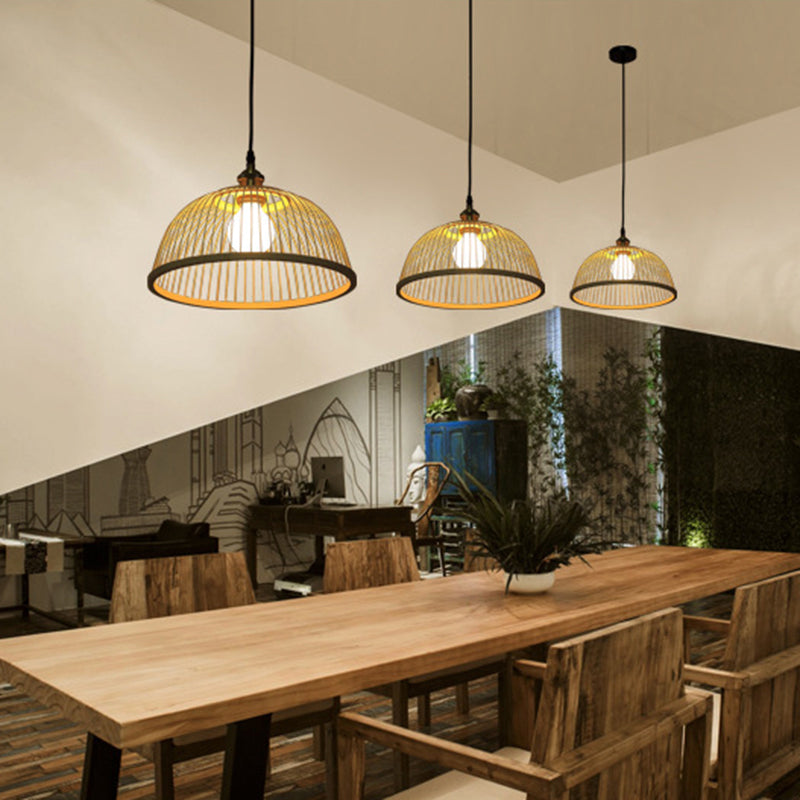 Hemispherical Bamboo Ceiling Light Asian Style 1 Bulb Wood Hanging Lamp for Restaurant