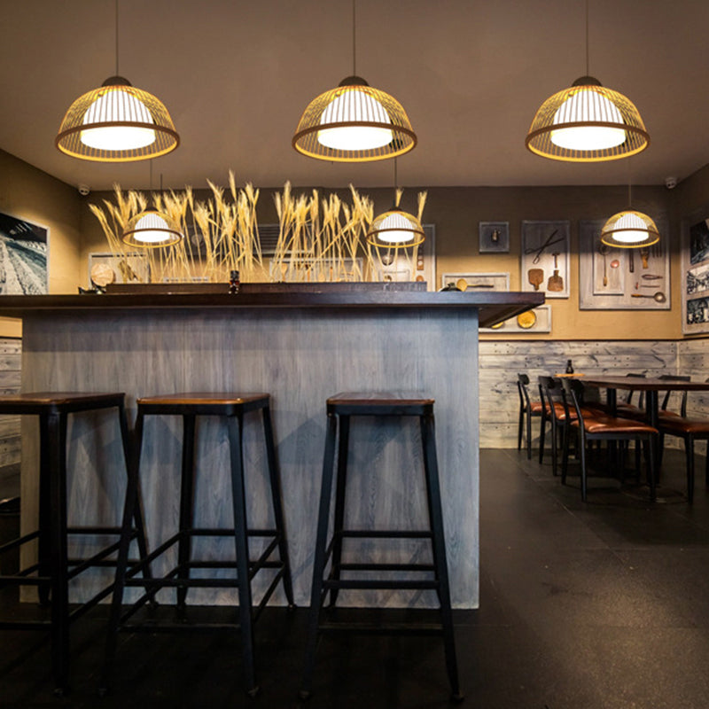 Hemispherical Bamboo Ceiling Light Asian Style 1 Bulb Wood Hanging Lamp for Restaurant