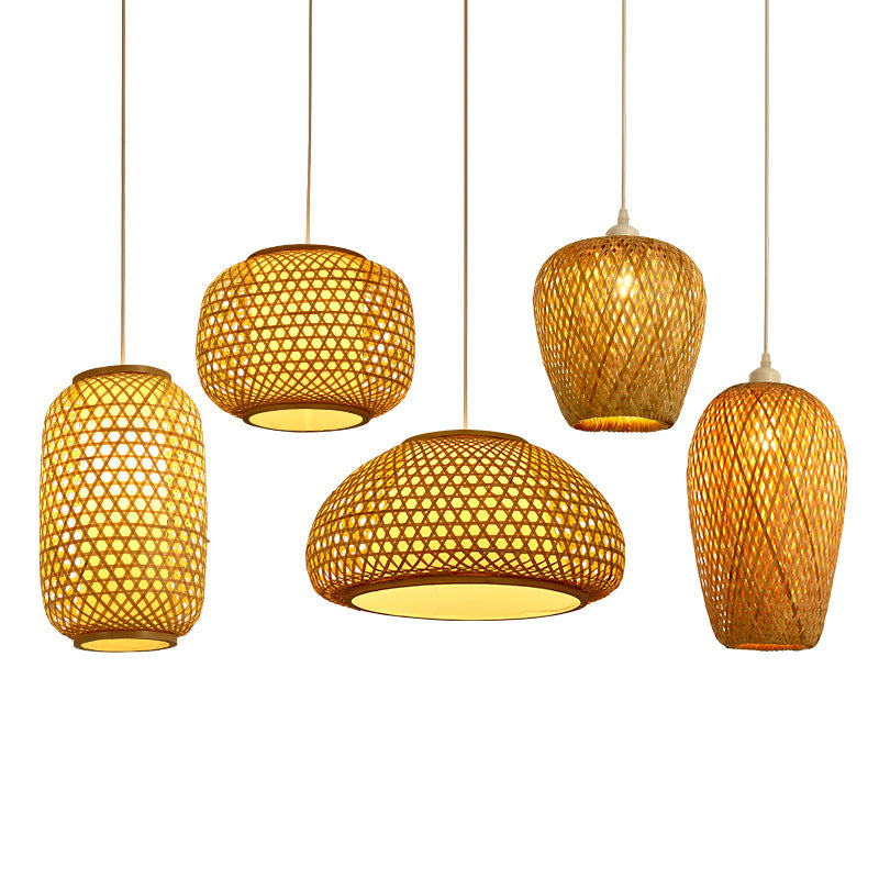 Wood Handwoven Suspension Lighting Minimalist 1 Head Rattan Pendant Ceiling Light