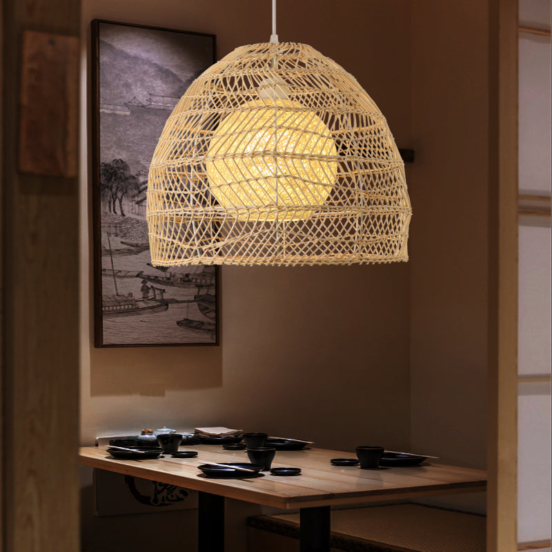 Bell Shade Rattan Suspension Lighting Simplicity 1-Light Wood Pendant Light Fixture
