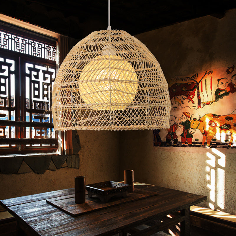 Bell Shade Rattan Suspension Lighting Simplicity 1-Light Wood Pendant Light Fixture