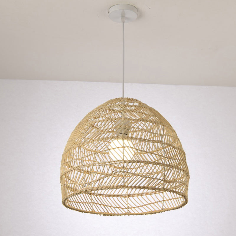 Bell Shade Rattan Suspension Lighting Simplicity 1-Light Wood Pendant Light Fixture