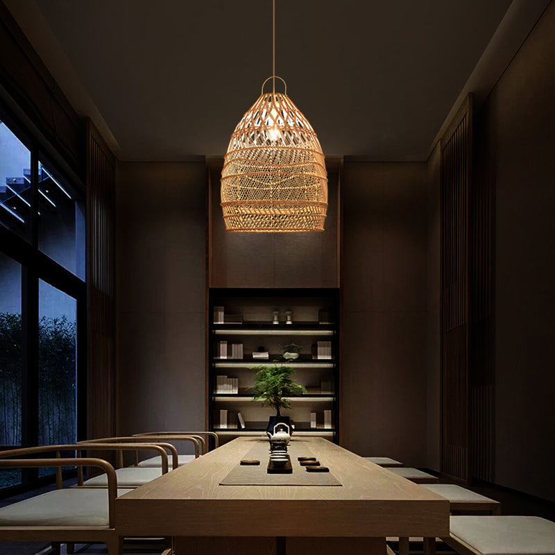 Asian Style Elongated Suspension Lighting Rattan 1 Head Restaurant Pendant Ceiling Light in Wood