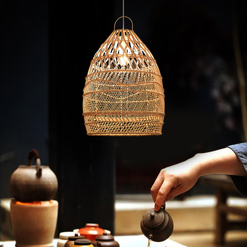 Asian Style Elongated Suspension Lighting Rattan 1 Head Restaurant Pendant Ceiling Light in Wood