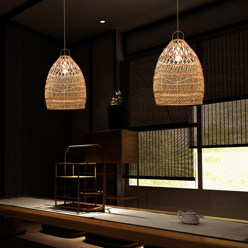Asian Style Elongated Suspension Lighting Rattan 1 Head Restaurant Pendant Ceiling Light in Wood