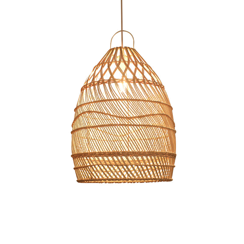 Asian Style Elongated Suspension Lighting Rattan 1 Head Restaurant Pendant Ceiling Light in Wood
