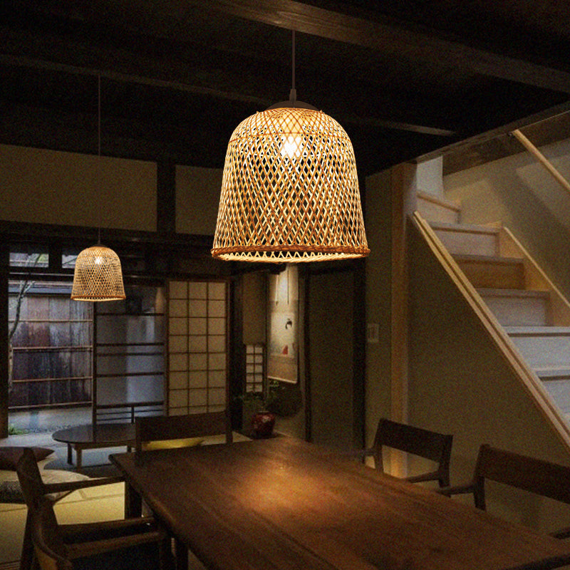 Bell Restaurant Pendant Light Bamboo Single-Bulb Contemporary Suspension Light in Wood