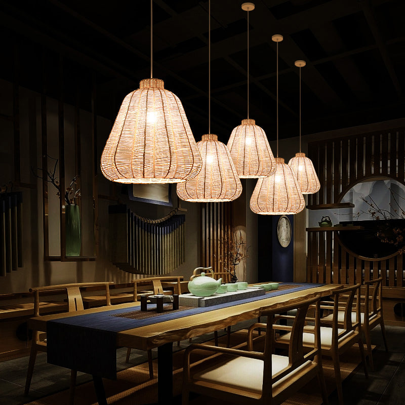 Tapered Ceiling Lighting Asian Style Rattan 1 Bulb Wood Hanging Lamp for Restaurant