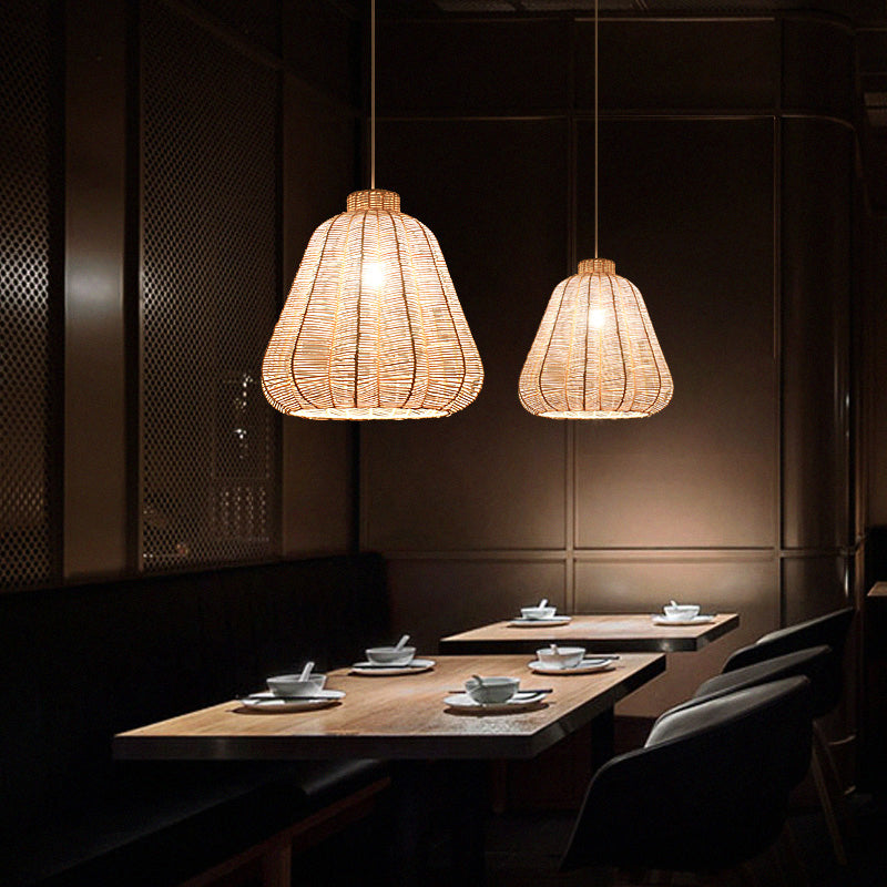 Tapered Ceiling Lighting Asian Style Rattan 1 Bulb Wood Hanging Lamp for Restaurant