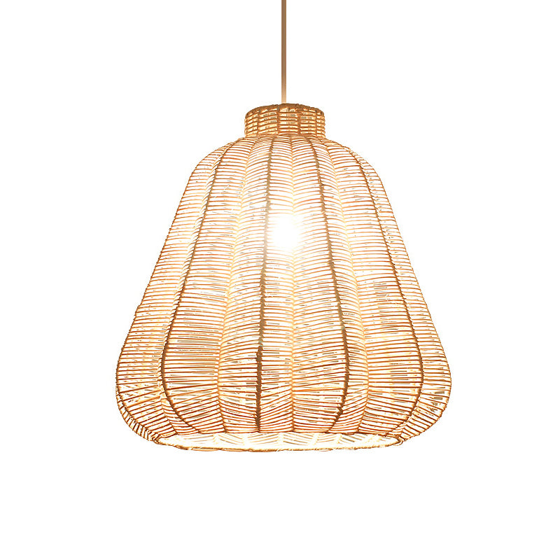 Tapered Ceiling Lighting Asian Style Rattan 1 Bulb Wood Hanging Lamp for Restaurant