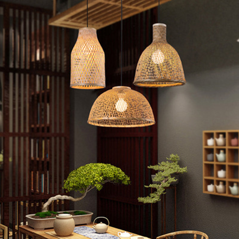 Wood Woven Suspension Lighting Minimalist Single Bamboo Pendant Ceiling Light for Restaurant