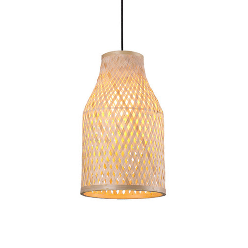 Wood Woven Suspension Lighting Minimalist Single Bamboo Pendant Ceiling Light for Restaurant