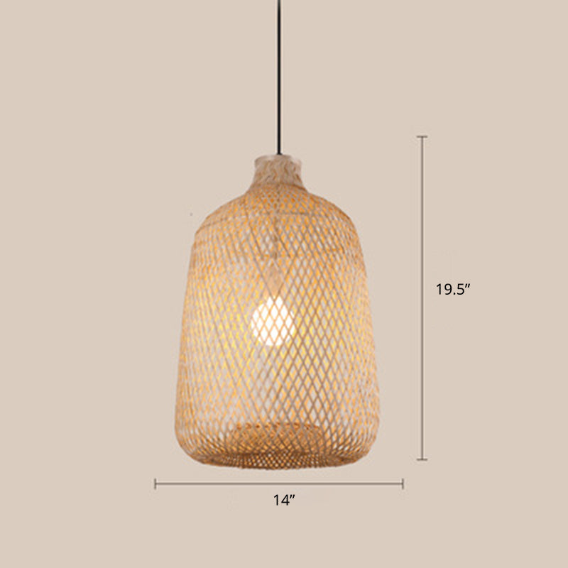 Wood Woven Suspension Lighting Minimalist Single Bamboo Pendant Ceiling Light for Restaurant