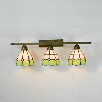 Yellow/Pink/Green/Blue Dome Wall Sconce Lamp Vintage Tiffany 3 Lights Wall Mount Light in Brass for Bathroom