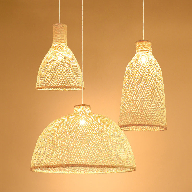 Handmade Bamboo Suspension Lighting Minimalist 1 Head Wood Pendant Ceiling Light for Tea Room