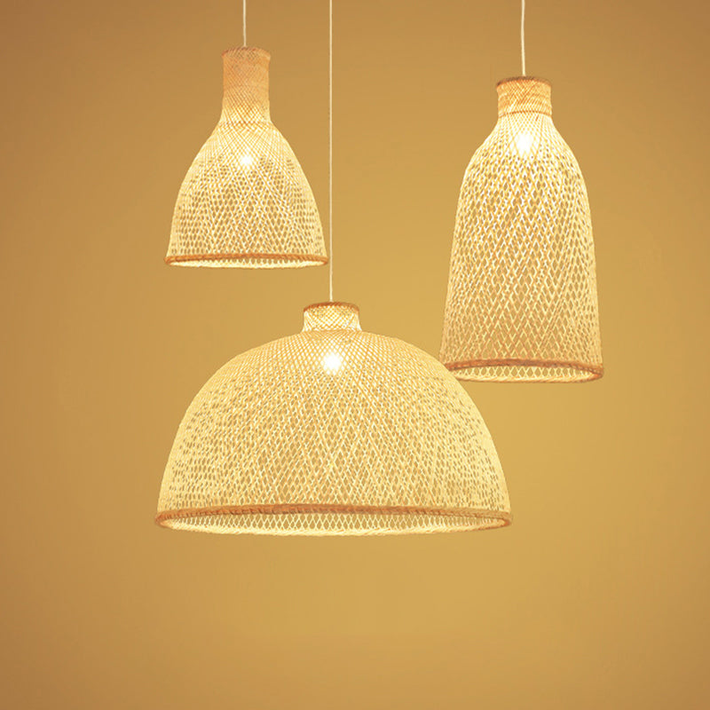 Handmade Bamboo Suspension Lighting Minimalist 1 Head Wood Pendant Ceiling Light for Tea Room