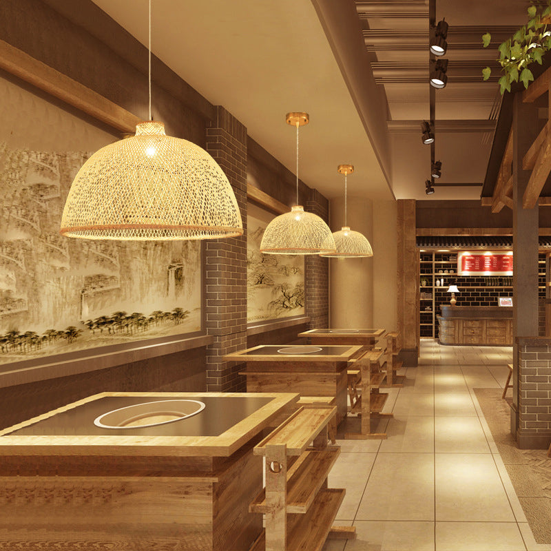 Handmade Bamboo Suspension Lighting Minimalist 1 Head Wood Pendant Ceiling Light for Tea Room