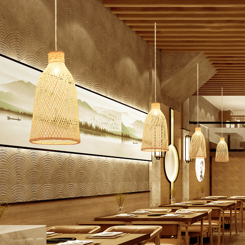 Handmade Bamboo Suspension Lighting Minimalist 1 Head Wood Pendant Ceiling Light for Tea Room