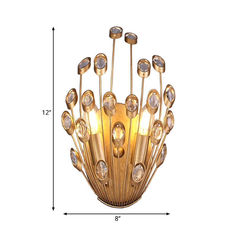 Open Bulb Wall Mounted Lamp Vintage Style Clear Crystal 2 Heads Brass Wall Lighting with Peacock Tail Design