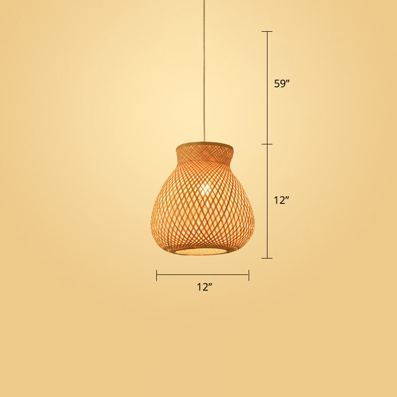 Modern Style Handwoven Ceiling Light Rattan Single Restaurant Hanging Pendant Light in Wood