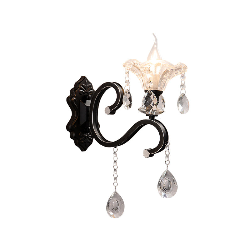 Scalloped Edge Wall Lamp Modern Style Clear Crystal 1/2-Bulb Corridor Sconce Light Fixture with Curved Arm in Black