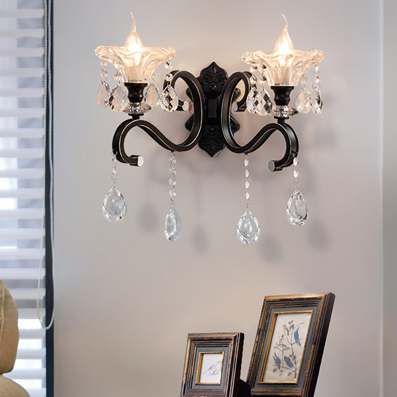 Scalloped Edge Wall Lamp Modern Style Clear Crystal 1/2-Bulb Corridor Sconce Light Fixture with Curved Arm in Black