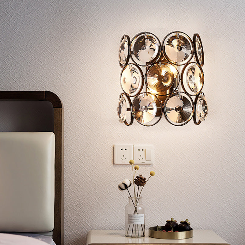 Circles Wall Mount Light Modern Style Clear Crystal and Metal 2 Bulbs Bedroom Wall Sconce in Black