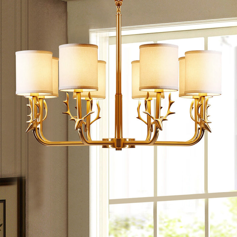 Luz de araña de tela cilíndrica Luz de la sala de estar vintage Luz colgante con acento de ciervos