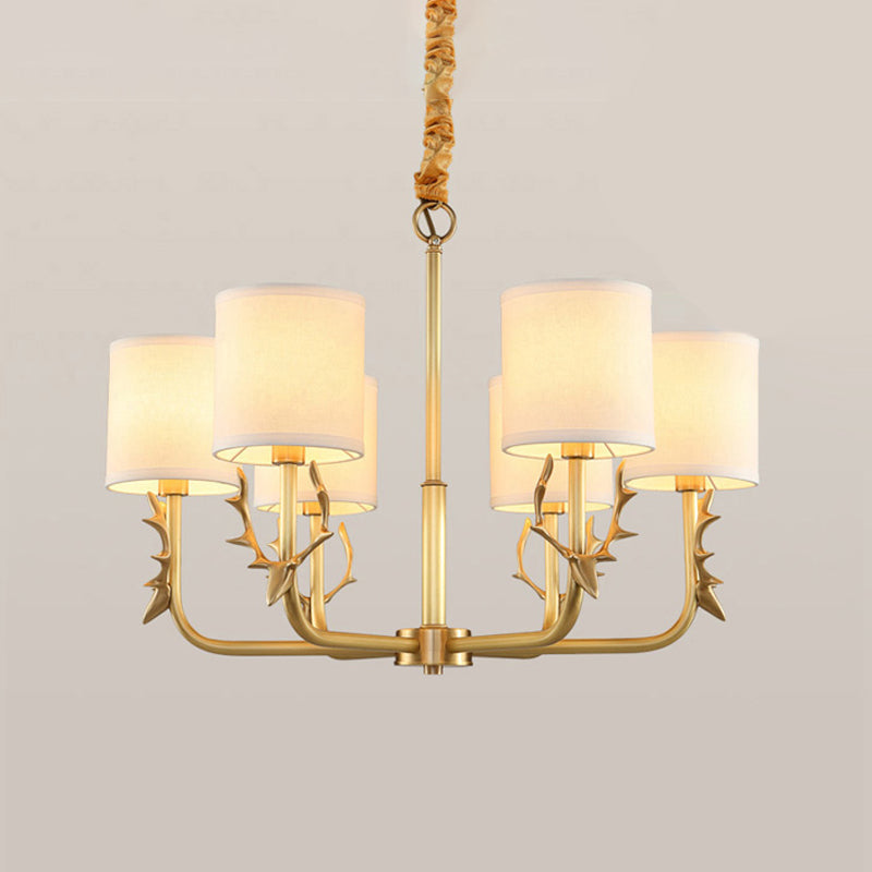 Luz de araña de tela cilíndrica Luz de la sala de estar vintage Luz colgante con acento de ciervos