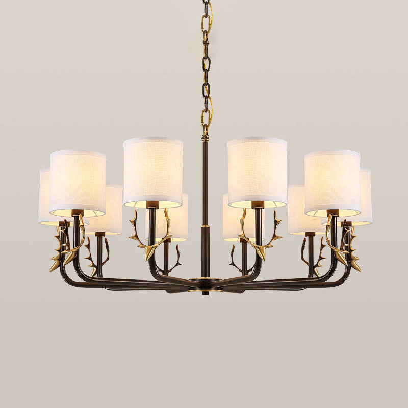 Luz de araña de tela cilíndrica Luz de la sala de estar vintage Luz colgante con acento de ciervos