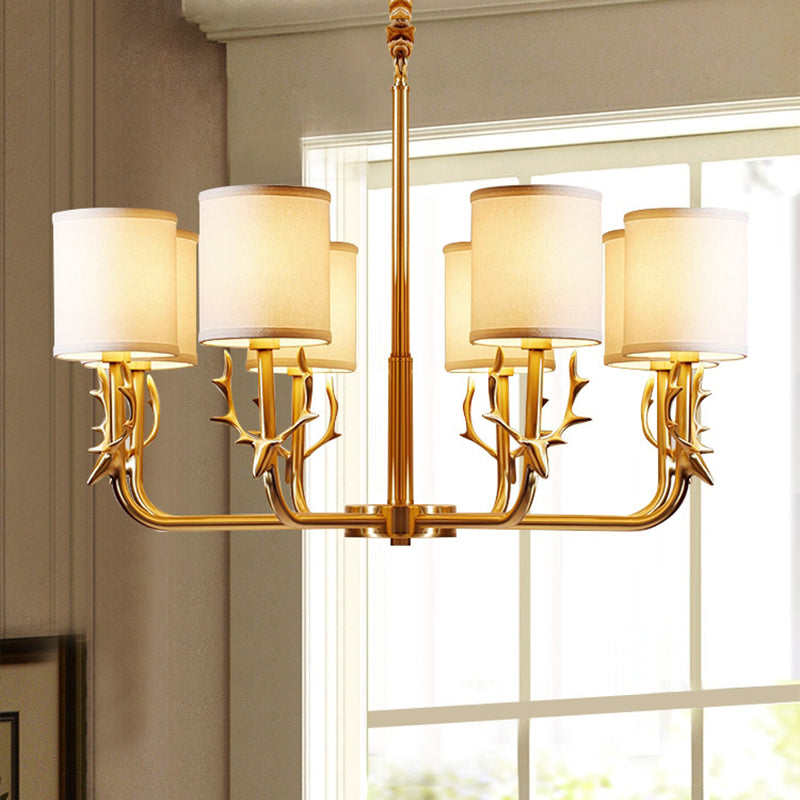 Luz de araña de tela cilíndrica Luz de la sala de estar vintage Luz colgante con acento de ciervos