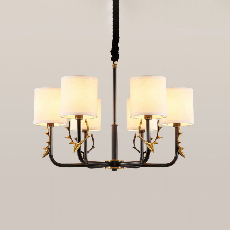 Luz de araña de tela cilíndrica Luz de la sala de estar vintage Luz colgante con acento de ciervos