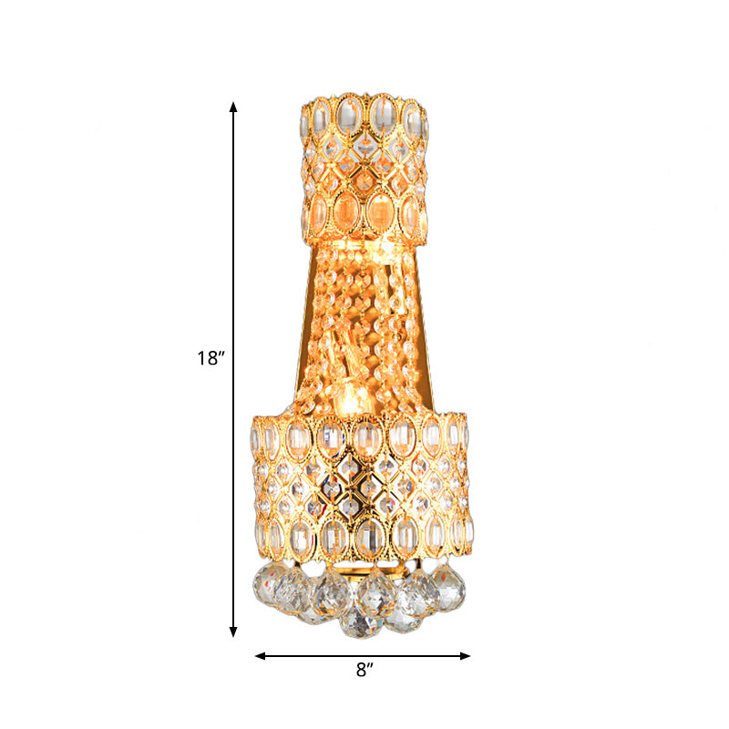 Beaded Wall Mount Light Vintage Metal 2 Bulbs Gold Wall Sconce with Cascading Clear Crystal Accents for Hallway