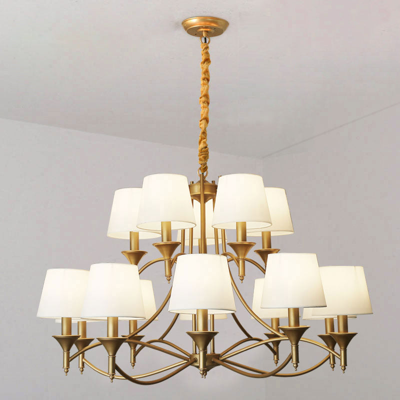 Minimalism Candlestick Chandelier Light Metallic Pendant Light Fixture with Tapered Fabric Shade