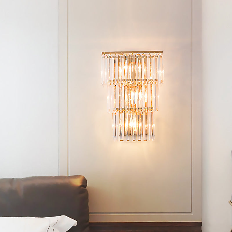 Gold Finish Layered Sconce Lighting Vintage Style 3 Lights Clear Crystal Wall Mount Light for Bedroom