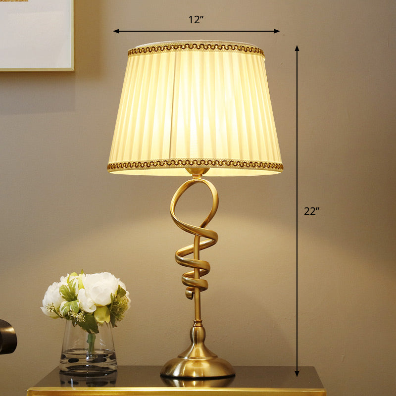 1 Head Table Lighting Classic Spiral Metallic Nightstand Lamp with Tapered Pleated Fabric Shade