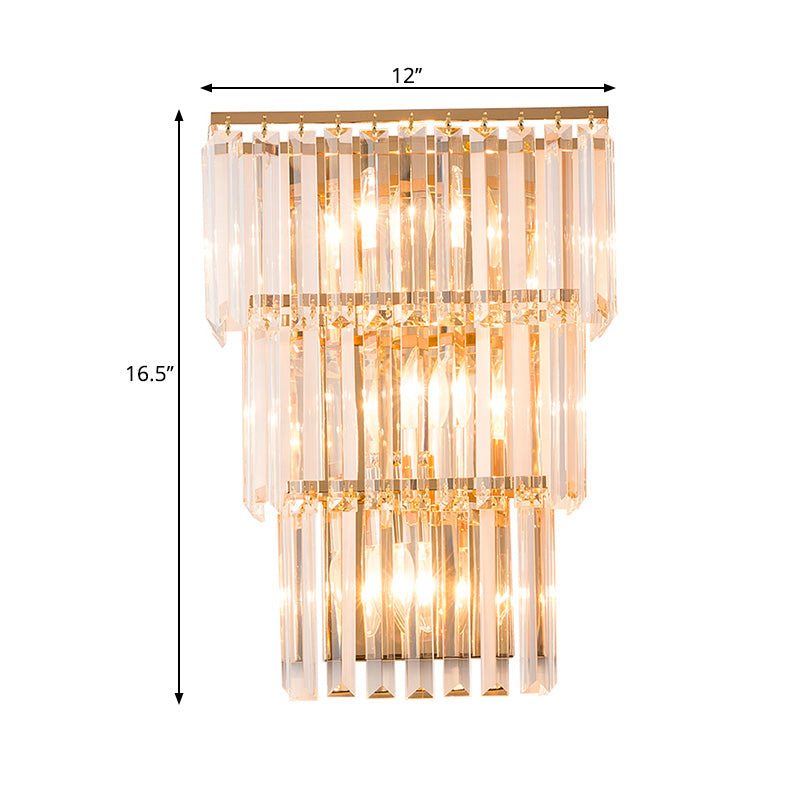 Gold Finish Layered Sconce Lighting Vintage Style 3 Lights Clear Crystal Wall Mount Light for Bedroom