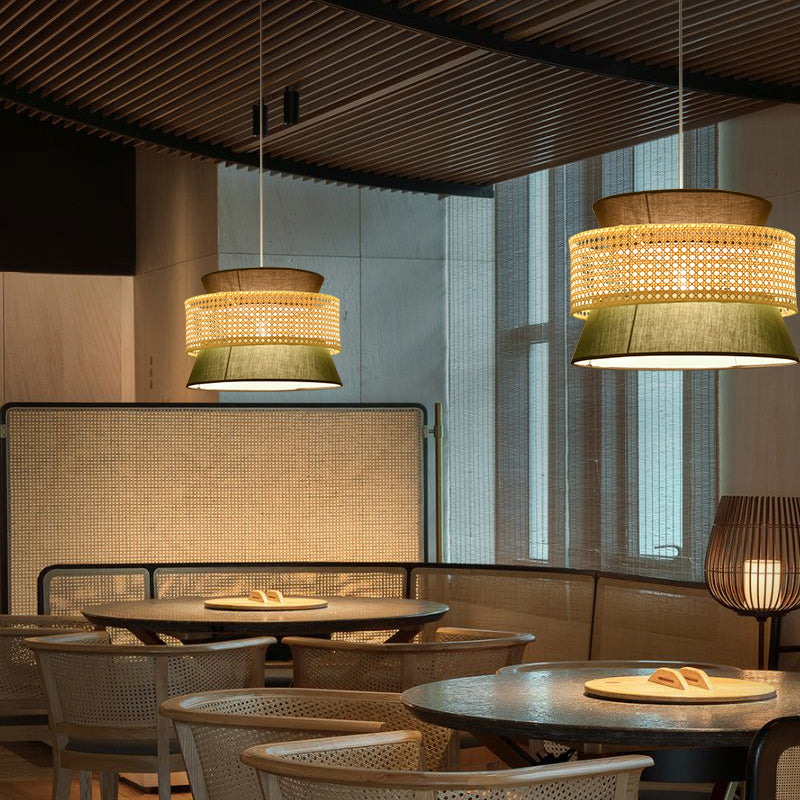 Abgestufte Rattan -Suspension Licht Einfachheit Single Blackish Green Pendelleuchte Leuchte