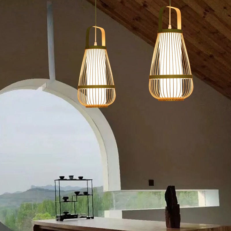 Basket Bamboo Pendant Light Contemporary Single-Bulb Wood Suspension Light Fixture