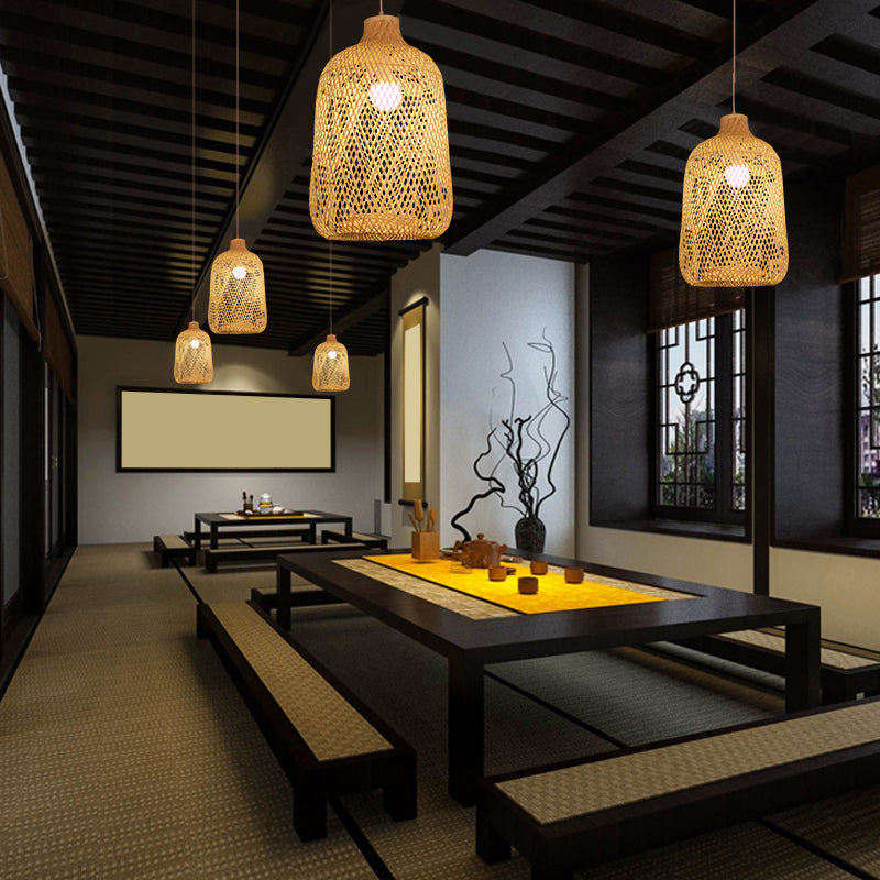 Bird Cage Pendant Light Contemporary Bamboo Single-Bulb Restaurant Suspension Light in Wood