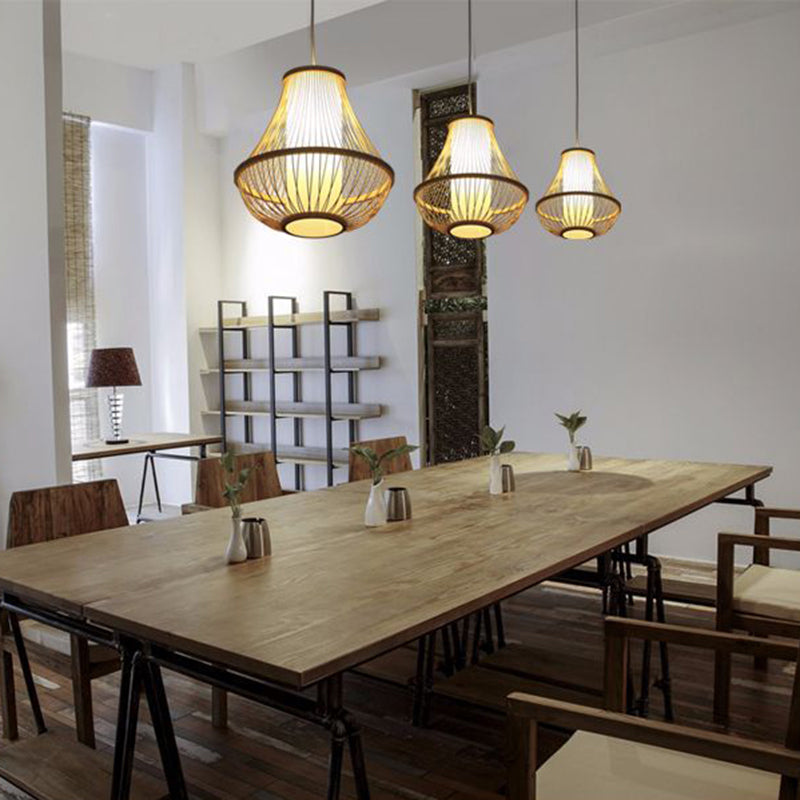 Pear-Shaped Pendant Light Contemporary Bamboo Single-Bulb Restaurant Suspension Light in Wood