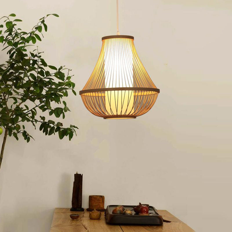 Pear-Shaped Pendant Light Contemporary Bamboo Single-Bulb Restaurant Suspension Light in Wood