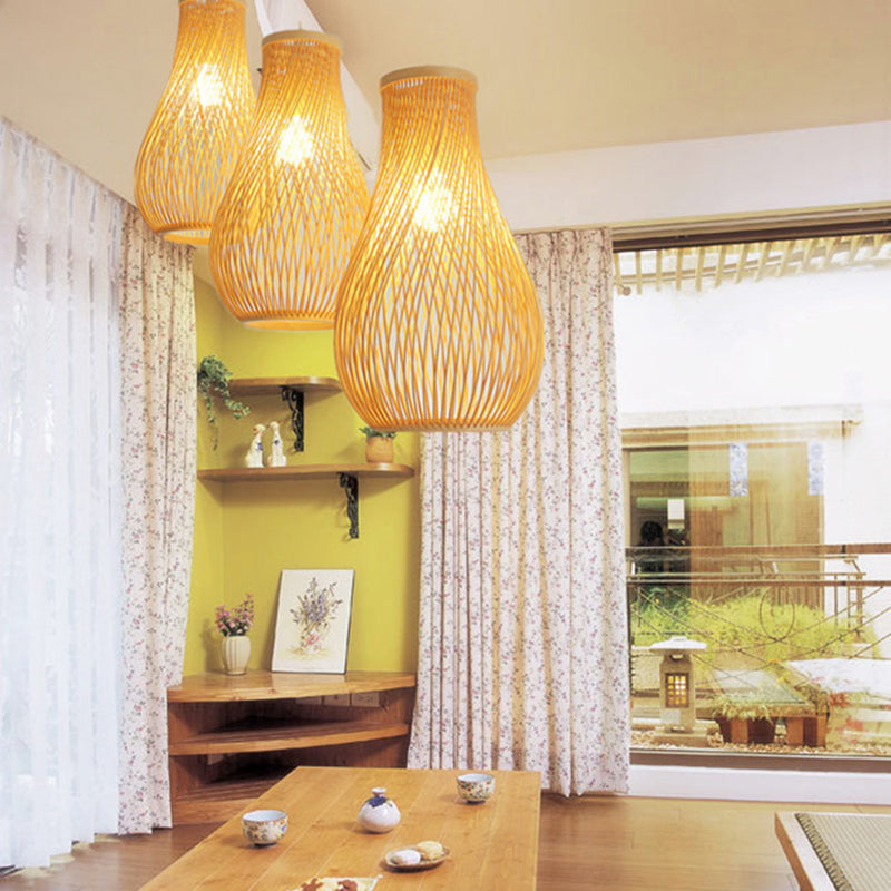 Pear Shaded Tea Room Suspension Light Bamboo 1-Light Simplicity Pendant Light Fixture