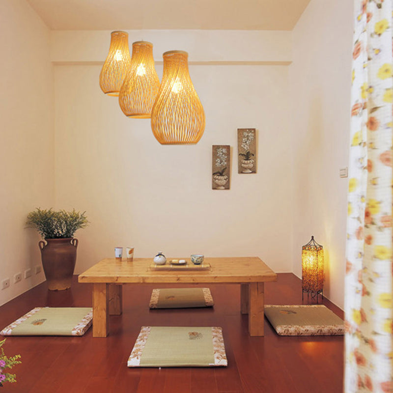 Pear Shaded Tea Room Suspension Light Bamboo 1-Light Simplicity Pendant Light Fixture