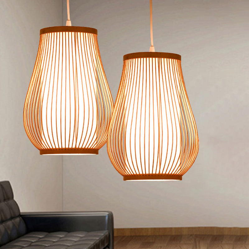 Bamboo Pear Ceiling Lighting Asian Style 1 Bulb Wood Hanging Light for Restaurant